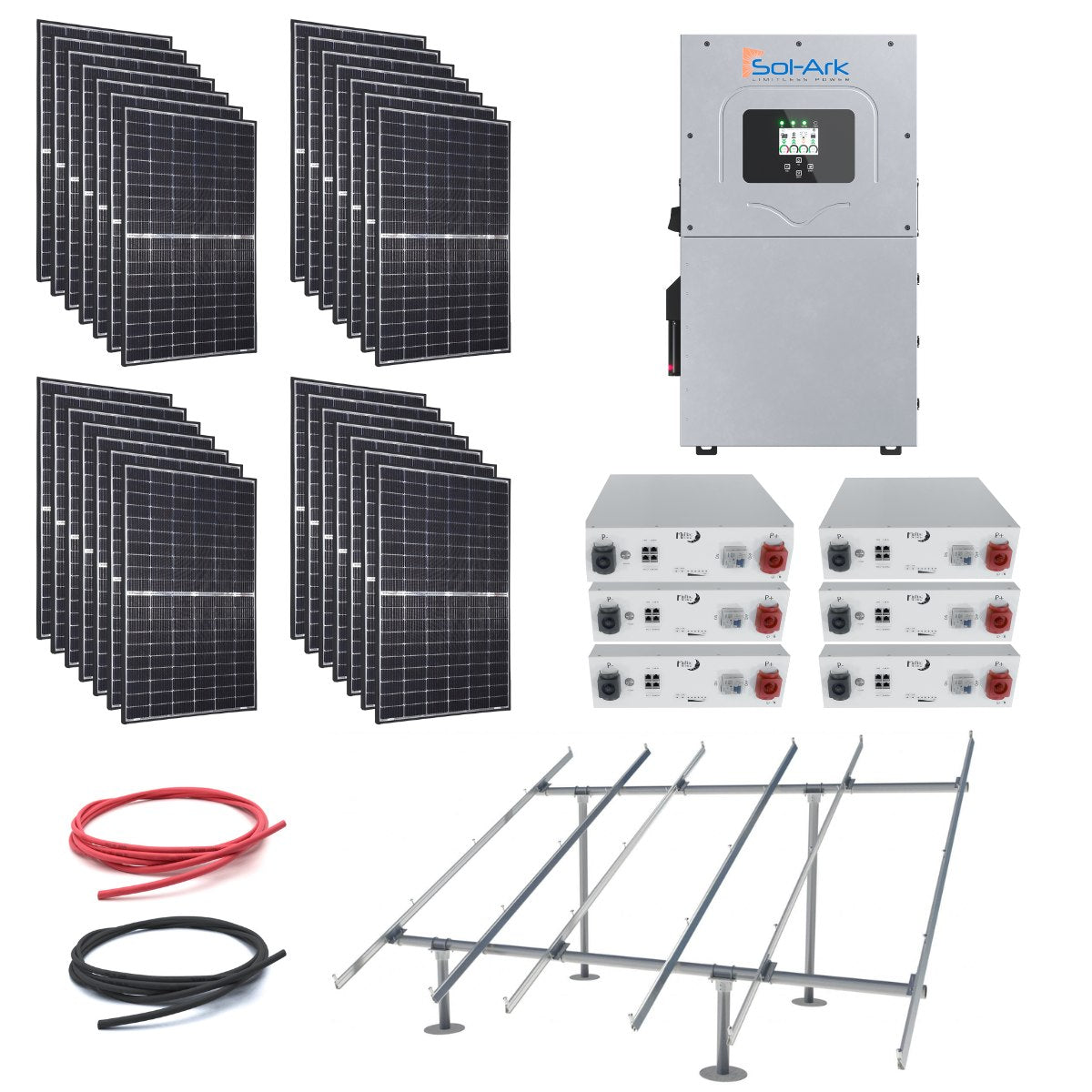 Solar bundle with 28 solar panels, all in one inverter, 6 LiFePO4 batteries, red and black PV cable, and IronRidge XR-1000 ground mount system