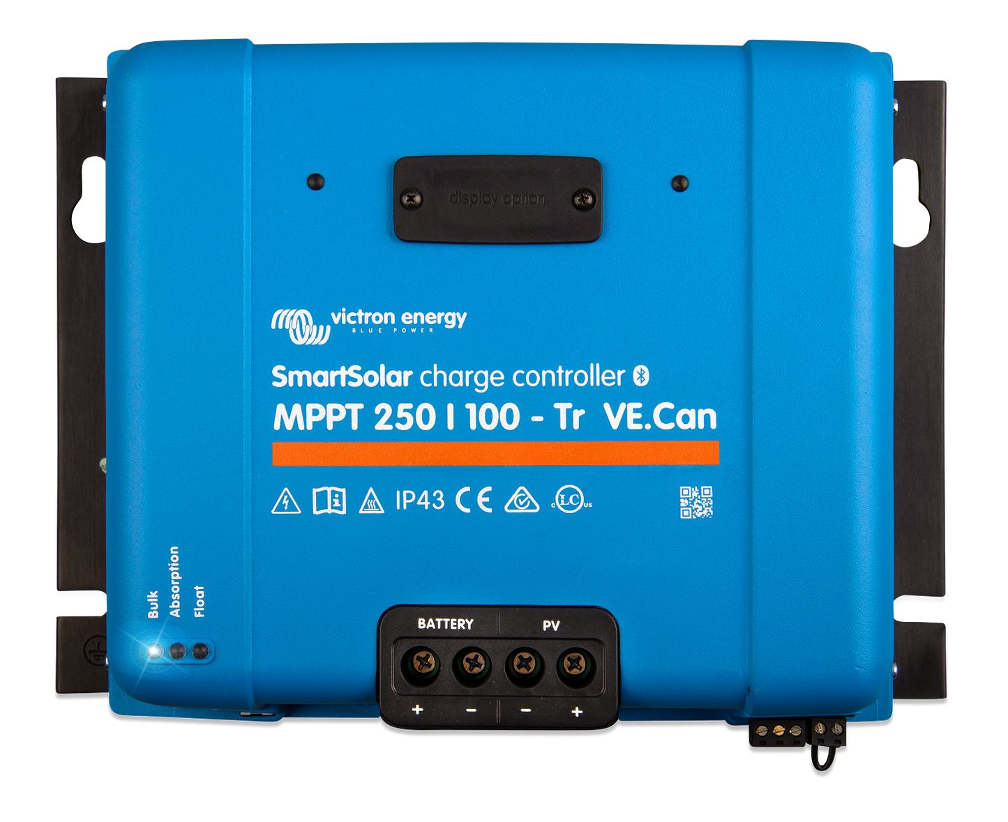 Blue MPPT charge controller with screw terminals for battery and PV and LED indicator light