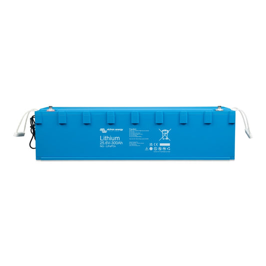 Blue 300 Ah lithium battery on a white background